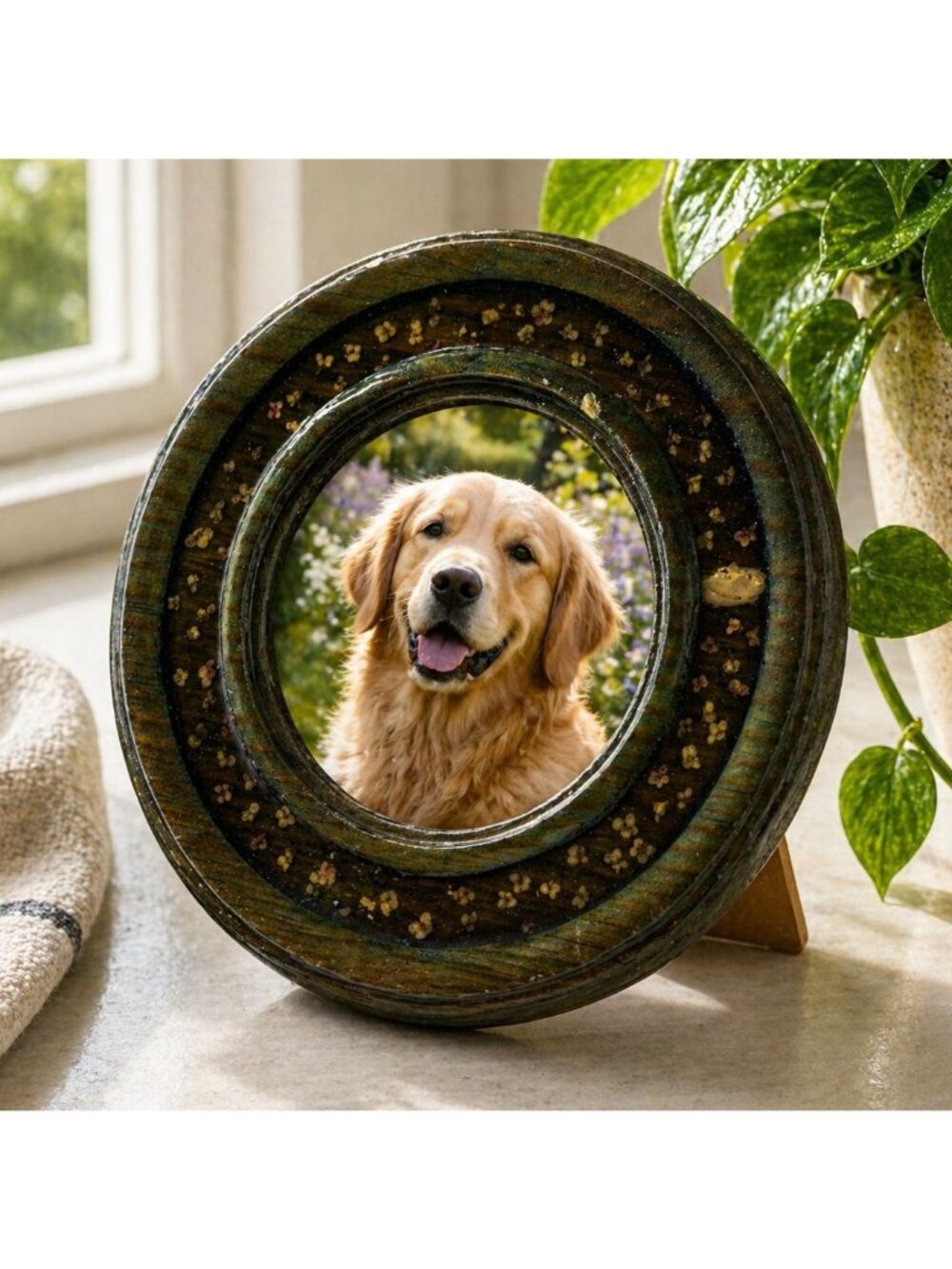 Handmade Round Wooden Photo Frame With Floral Inlay Design 6" Diameter